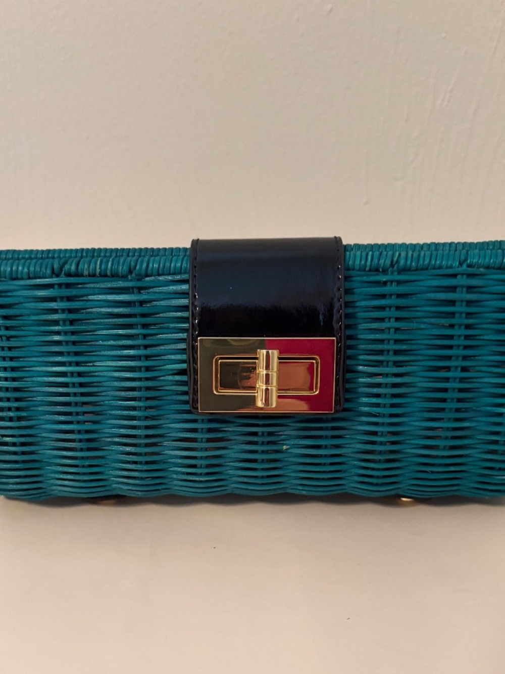 J.Crew Teal Woven Clutch with Black Patent Flap & Gold Turn-Lock